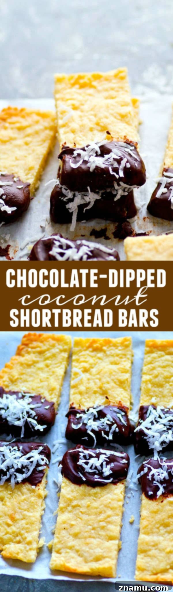 Coconut Shortbread Bars with Chocolate Drizzle 6 Soft, buttery coconut shortbread bars are dipped in melted chocolate and rolled in coconut flakes for the ultimate holiday cookie bar!
