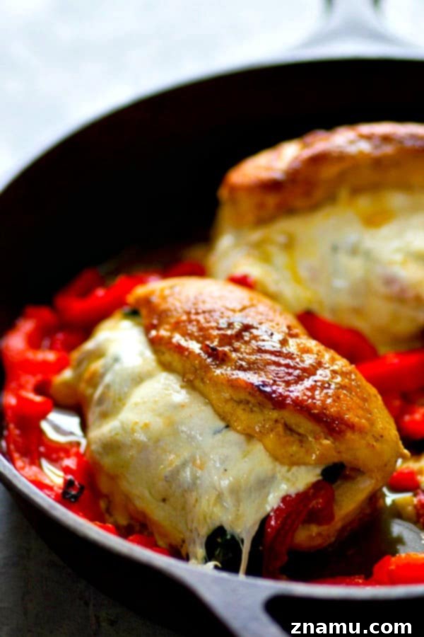 Italian-Style Stuffed Chicken with Roasted Peppers, Spinach, and Mozzarella 4 Ingredients for stuffed chicken including fresh chicken breasts, roasted red peppers, baby spinach, and mozzarella cheese.