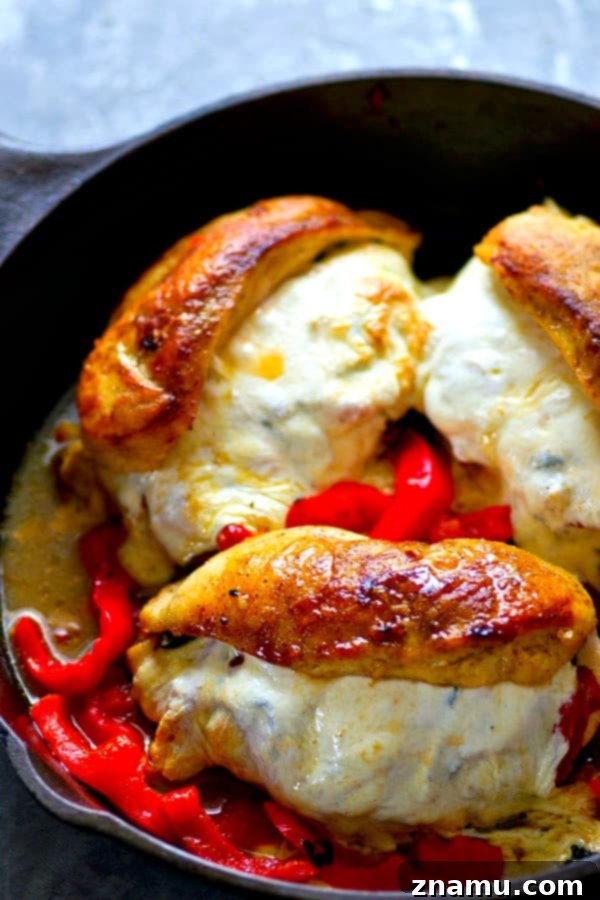 Italian-Style Stuffed Chicken with Roasted Peppers, Spinach, and Mozzarella 5 Stuffed chicken breast halves, beautifully golden and showcasing the vibrant filling of red peppers, spinach, and melted mozzarella.