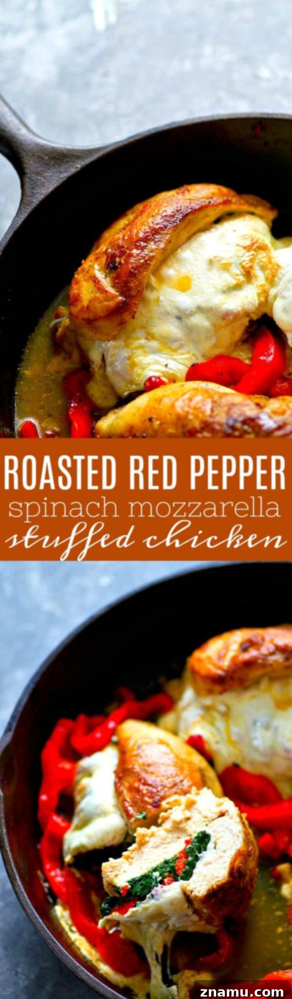 Italian-Style Stuffed Chicken with Roasted Peppers, Spinach, and Mozzarella 6 A top-down shot of two stuffed chicken breasts on a plate, garnished and ready to eat, highlighting the beautiful texture and ingredients.