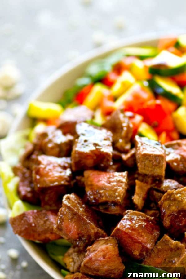 Detailed shot of marinated steak for Greek salad