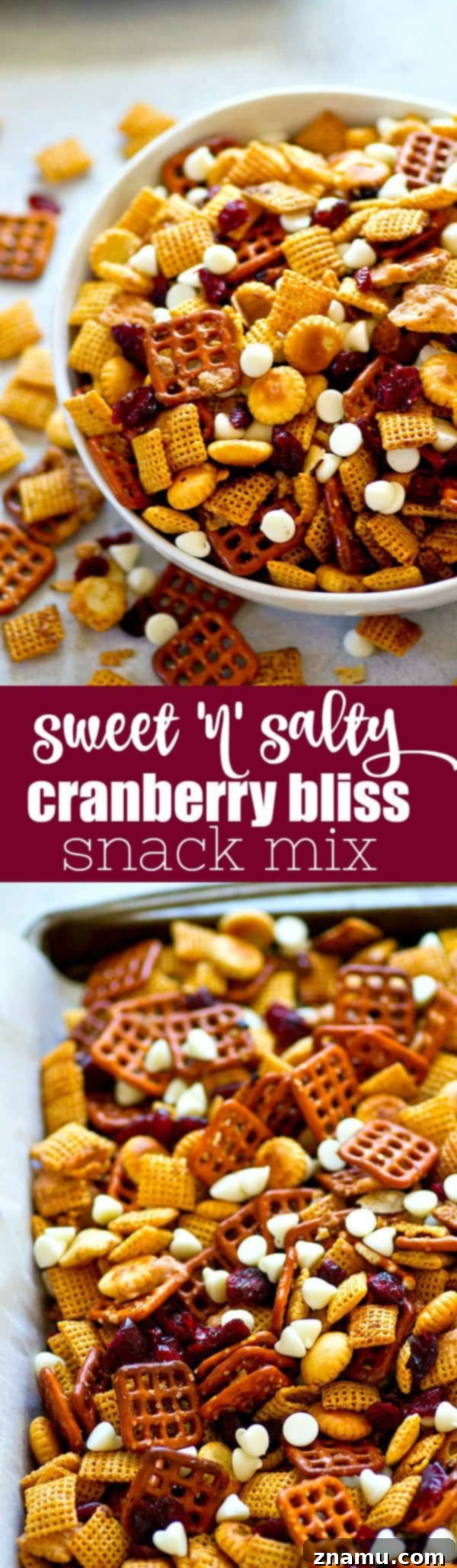 Sweet & Salty Cranberry Delight Mix 6 Sweet 'n' salty flavors pair with cranberries and white chocolate in this ADDICTING cranberry bliss snack mix! Make a big batch because it'll go fast!