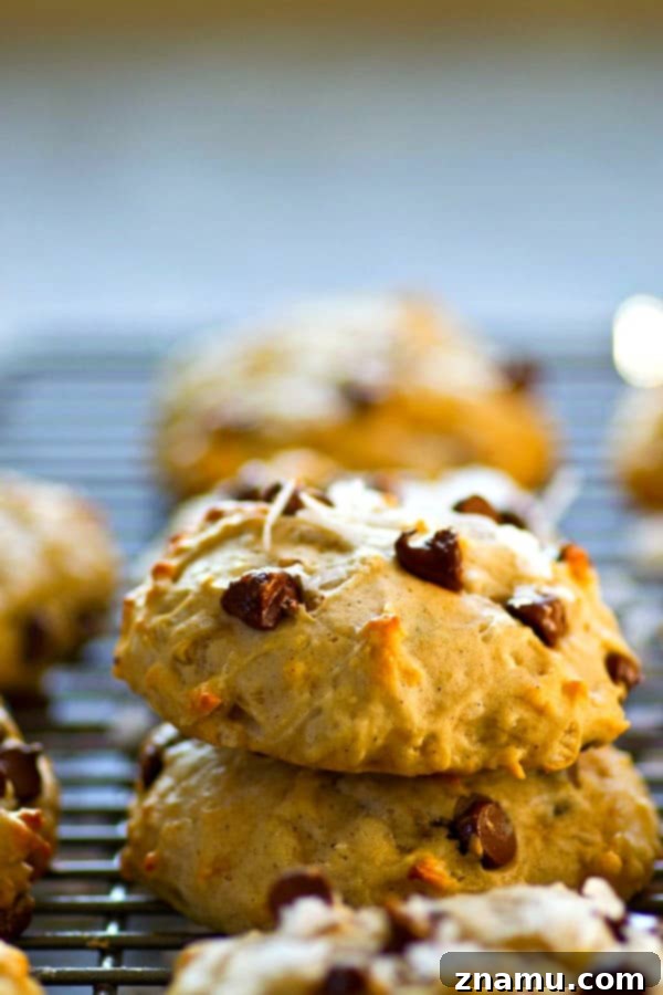 A stack of banana bread chocolate chip coconut breakfast cookies on a cooling rack.