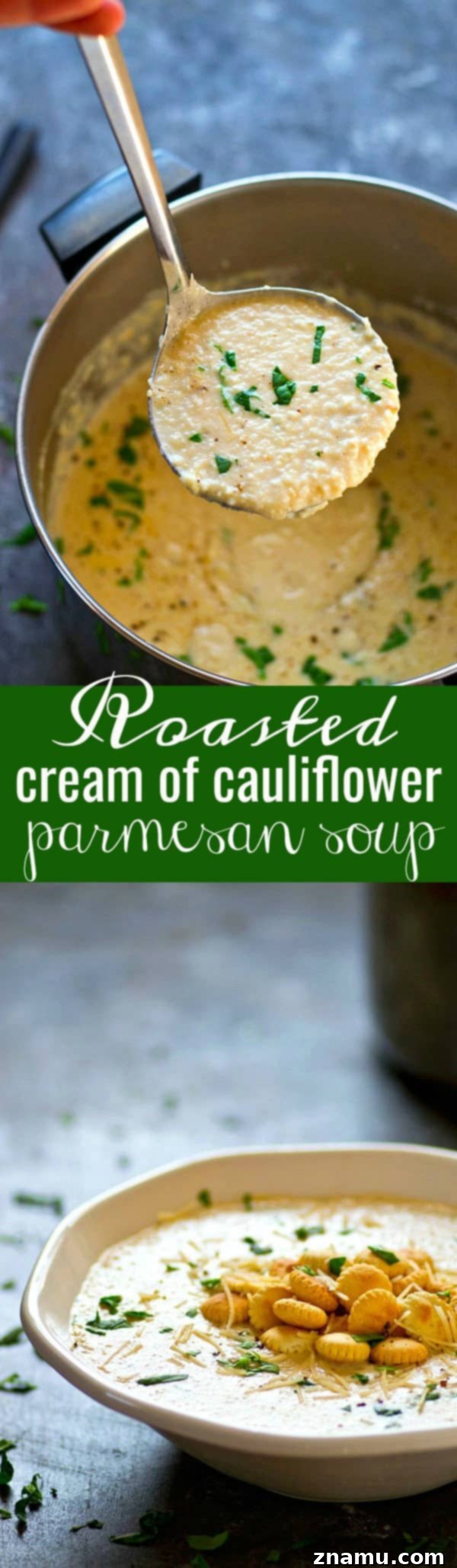 Velvety Roasted Cauliflower Parmesan Bisque 6 Insanely creamy and LOW on the calories, this roasted cream of cauliflower Parmesan soup packs a punch of cozy flavors and you'll be wanting bowl after bowl!