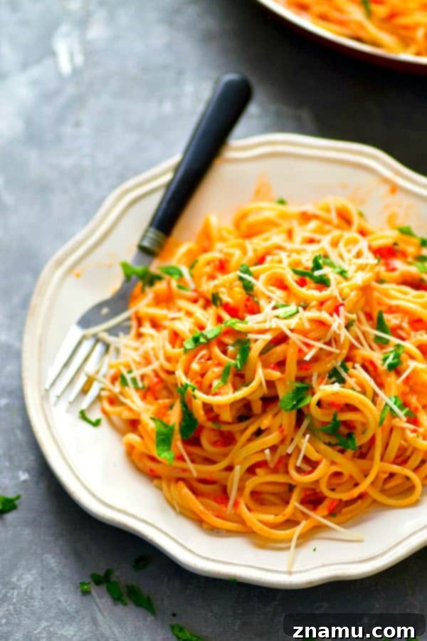 Light Roasted Red Pepper Fettuccine Alfredo 2 Lighter Roasted Red Pepper Fettuccine Alfredo, a creamy and flavorful pasta dish perfect for a guilt-free indulgence.