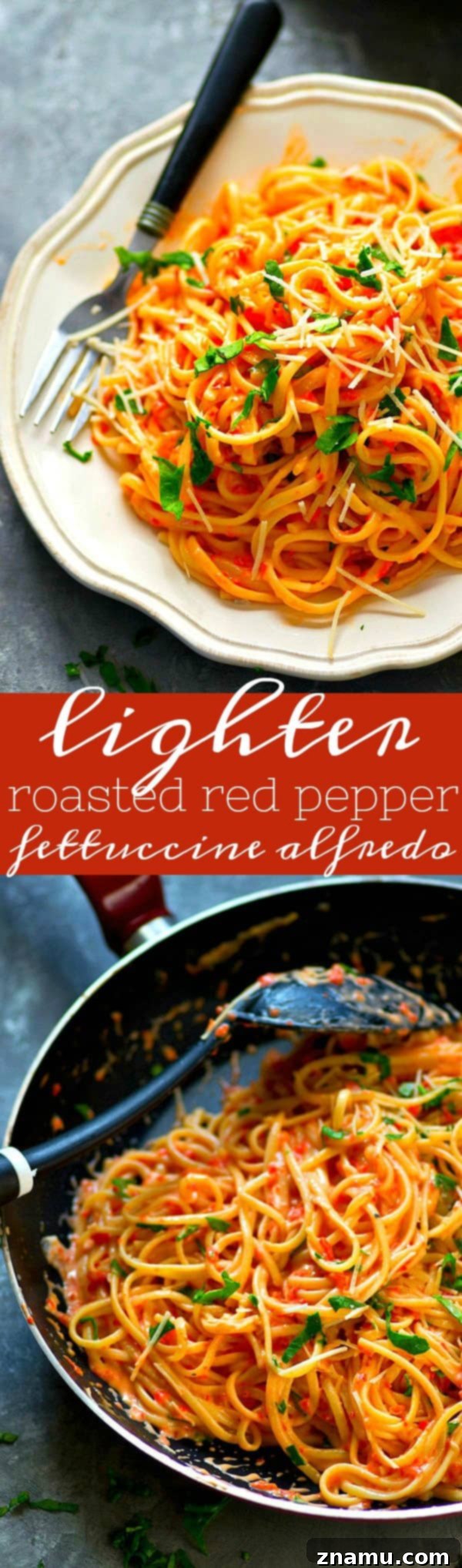 Light Roasted Red Pepper Fettuccine Alfredo 6 A generous serving of Lighter Roasted Red Pepper Fettuccine Alfredo, garnished with fresh parsley.