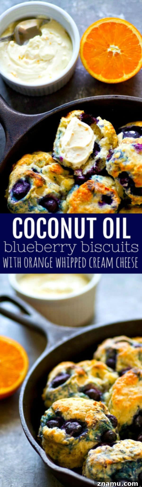 Coconut-Kissed Blueberry Biscuits with Sunny Orange Cloud Cream 6 A plate of fresh coconut oil blueberry biscuits with orange whipped cream cheese and fresh orange slices.