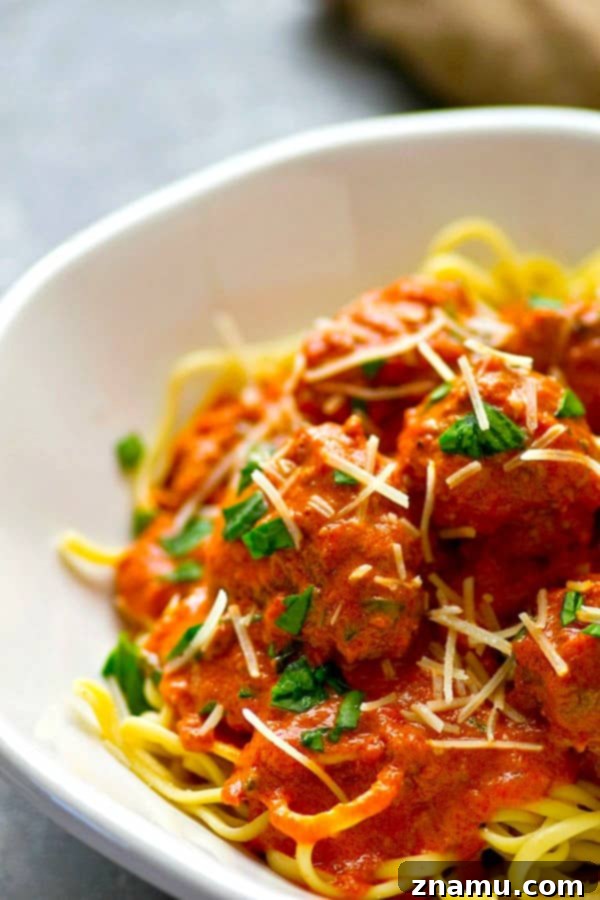 Close-up of a perfectly cooked meatball covered in rich red wine marinara sauce with a fork, emphasizing tenderness