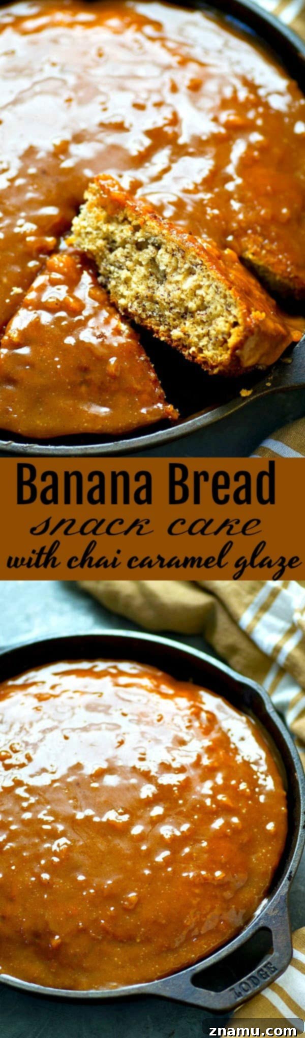 Banana Bread Bliss with Chai Caramel Drizzle 6 Incredibly soft banana bread snack cake is drizzled with a spiced chai caramel glaze for a simple, no-fuss snack, dessert, or even breakfast!