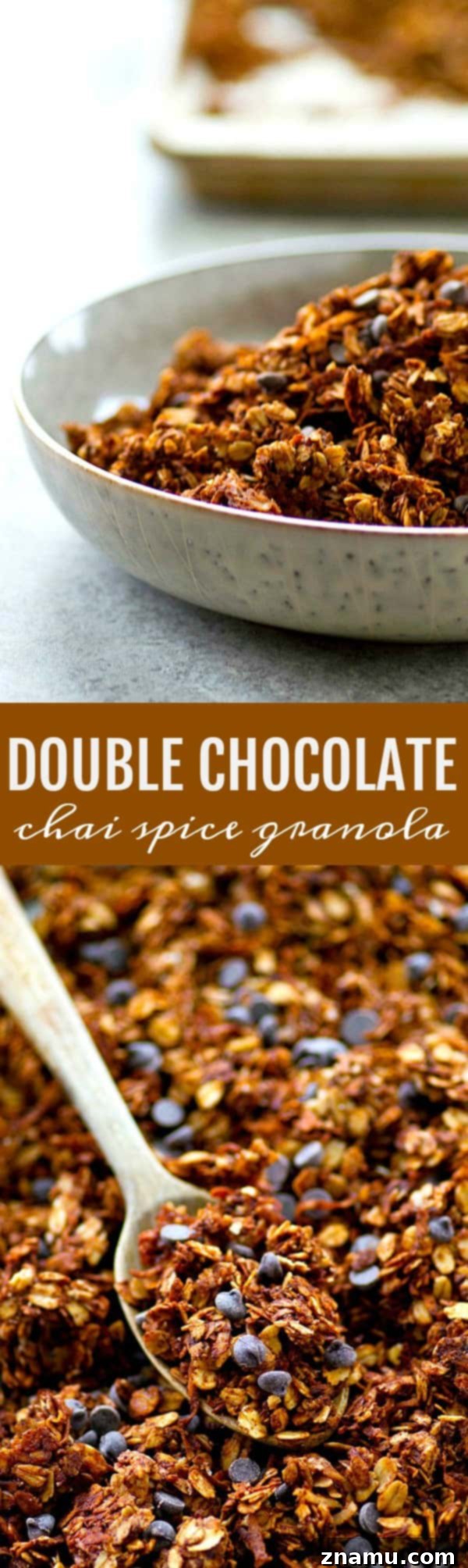 Rich Double Chocolate Chai Granola 6 Overhead shot of freshly baked Double Chocolate Chai Spice Granola in a container