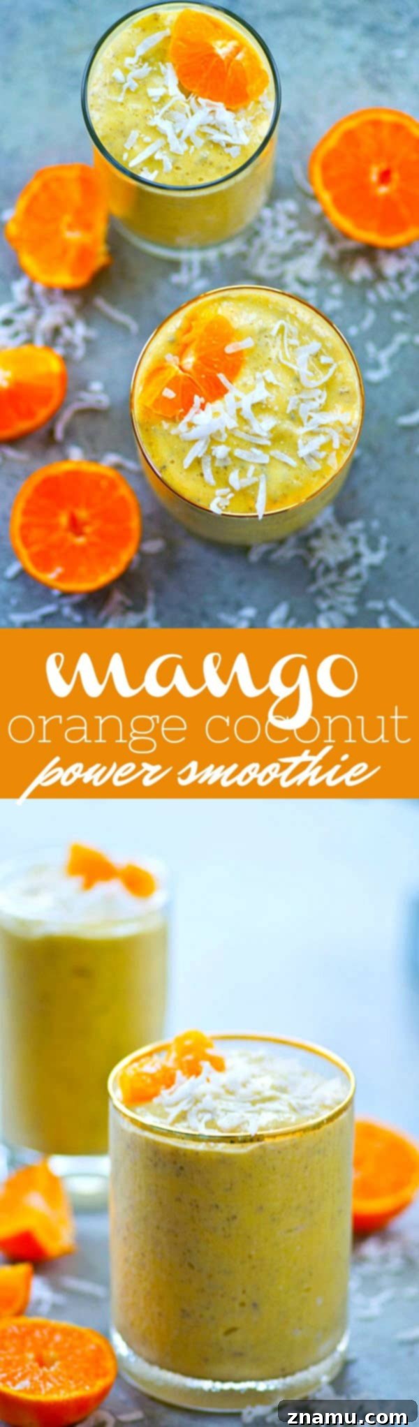 Mango Tango Coconut Power Boost 6 An overhead shot of two glasses of Mango Orange Coconut Power Smoothie, garnished with fresh orange slices and flaked coconut. The presentation is appealing, suggesting a delightful and healthy beverage for sharing or personal enjoyment.