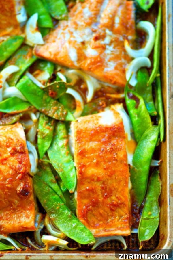 Easy One-Pan Hoisin Salmon and Snow Peas 3 Close-up of baked hoisin salmon and vibrant snow peas on a sheet pan, perfectly cooked.