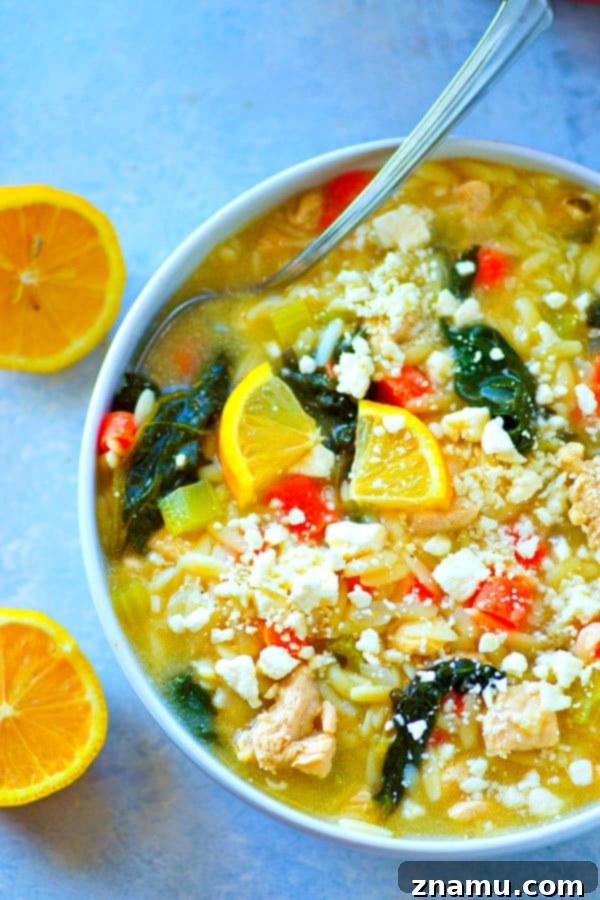 A steaming bowl of comforting Greek Lemon Chicken Orzo Soup with fresh lemon slices and a sprinkle of herbs, perfect for chilly winter days.