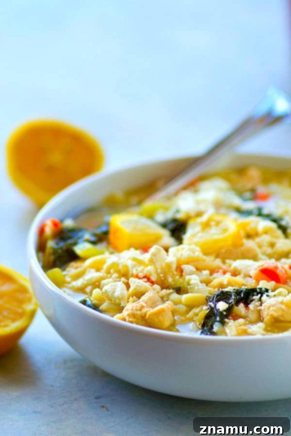 A large serving spoon dipping into a pot of Greek Lemon Chicken Orzo Soup, showing the texture of the orzo, spinach, and chicken.