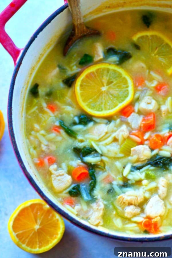 A close-up of a ladle serving Greek Lemon Chicken Orzo Soup into a bowl, garnished with fresh herbs and a generous amount of crumbled feta.