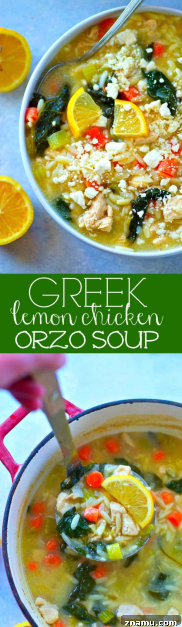 A final close-up shot of Greek Lemon Chicken Orzo Soup, showcasing its rich texture, vibrant colors, and inviting warmth, ready to be enjoyed.