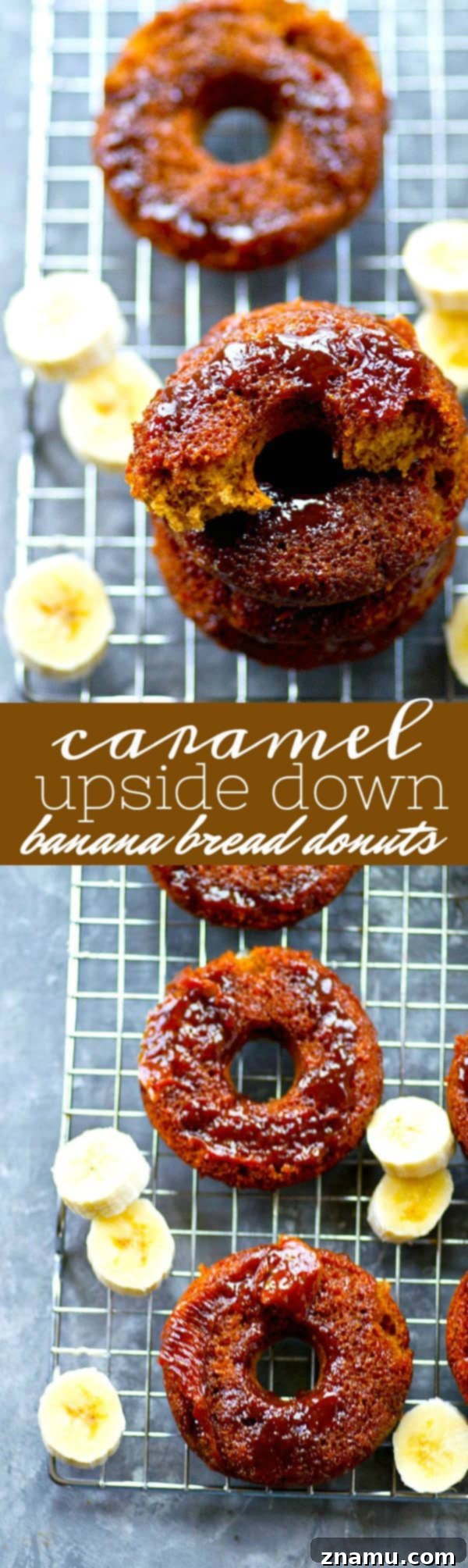 Sticky Caramel Banana Bread Bites 6 Several caramel banana bread donuts cooling on a wire rack, showcasing their perfect shape and glossy caramel tops.