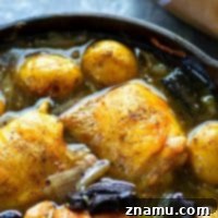 This white wine braised chicken is simple comfort food fancified! Tender chicken thighs are braised in flavorful white wine with lots of tender baby potatoes and mushrooms.