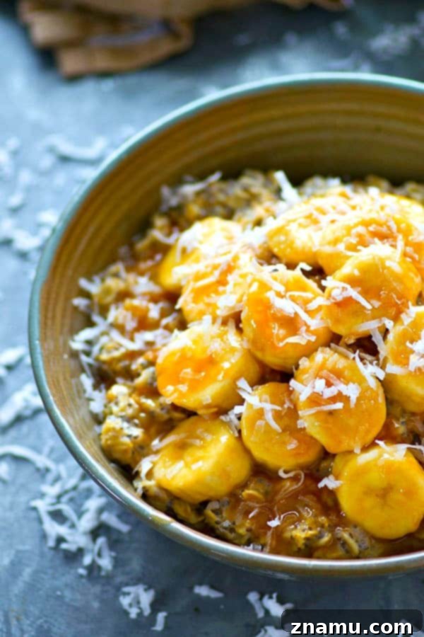 Tropical Chia Caramelized Banana Oatmeal 2 Gourmet Caramelized Banana Oatmeal Bowl with Coconut and Chia Seeds