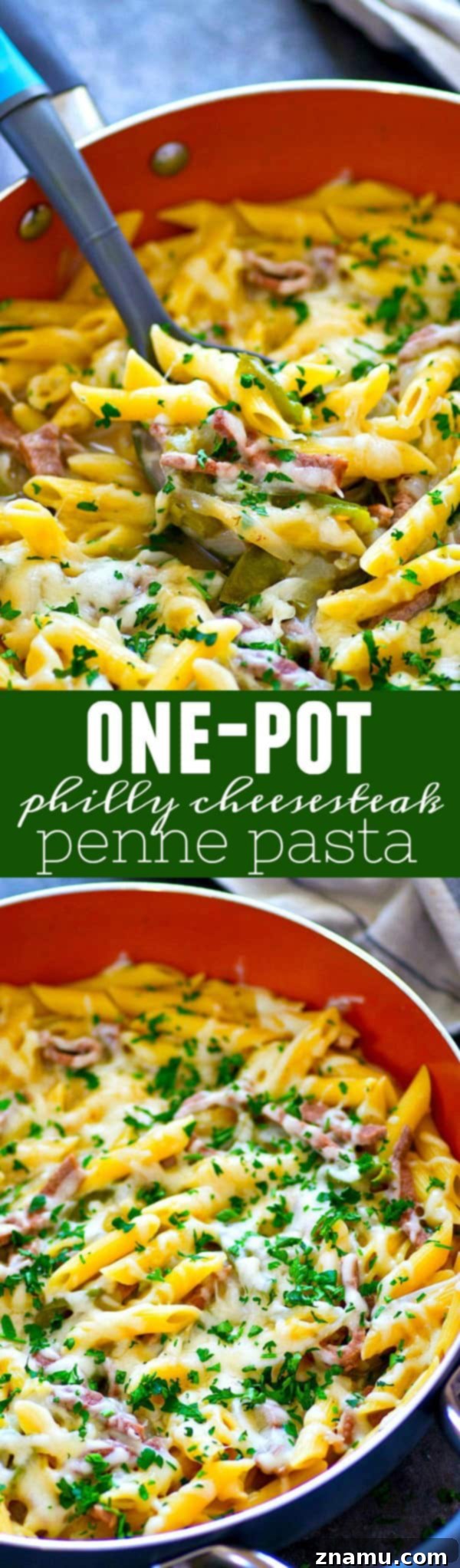 Single-Skillet Philly Cheesesteak Penne 6 Full pot of One-Pot Philly Cheesesteak Penne Pasta with melted provolone and parsley, ready to serve