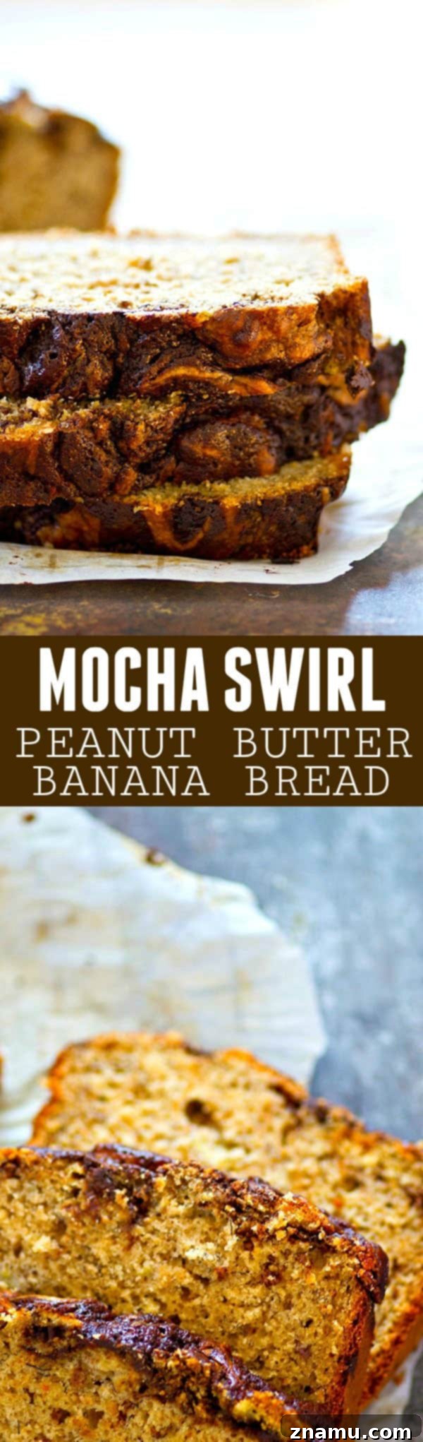Marbled Mocha Peanut Butter Banana Bread 6 Insanely soft banana bread is livened up with creamy peanut butter and a luscious swirl of mocha.--the only way you’re gonna want banana bread from now on!