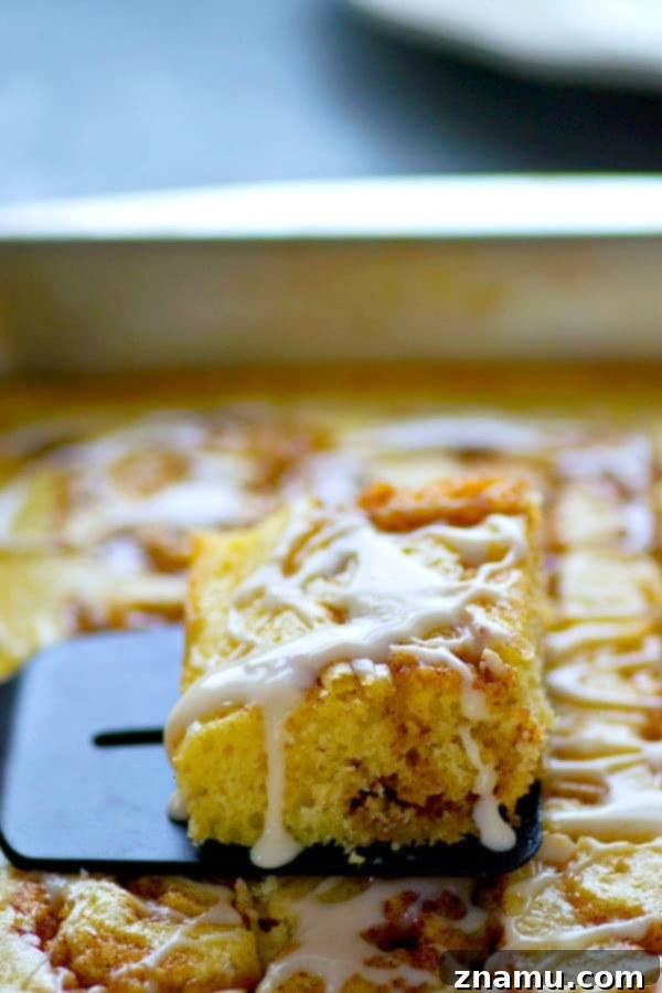 Cinnamon Swirl Sheet Delight 4 An overhead shot showcasing the beautiful cinnamon swirls in the baked sheet cake before glazing