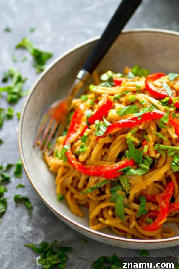 Thai Peanut Noodles with Basil & Sweet Pepper 2 Sweet peppers and fragrant basil add SO much incredible flavor to these peanut Thai noodles! Ready in minutes and 10x better than any take-out!