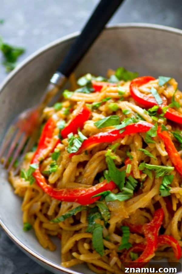 Thai Peanut Noodles with Basil & Sweet Pepper 4 Sweet peppers and fragrant basil add SO much incredible flavor to these peanut Thai noodles! Ready in minutes and 10x better than any take-out!