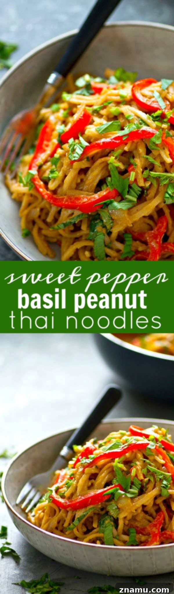 Thai Peanut Noodles with Basil & Sweet Pepper 6 Sweet peppers and fragrant basil add SO much incredible flavor to these peanut Thai noodles! Ready in minutes and 10x better than any take-out!