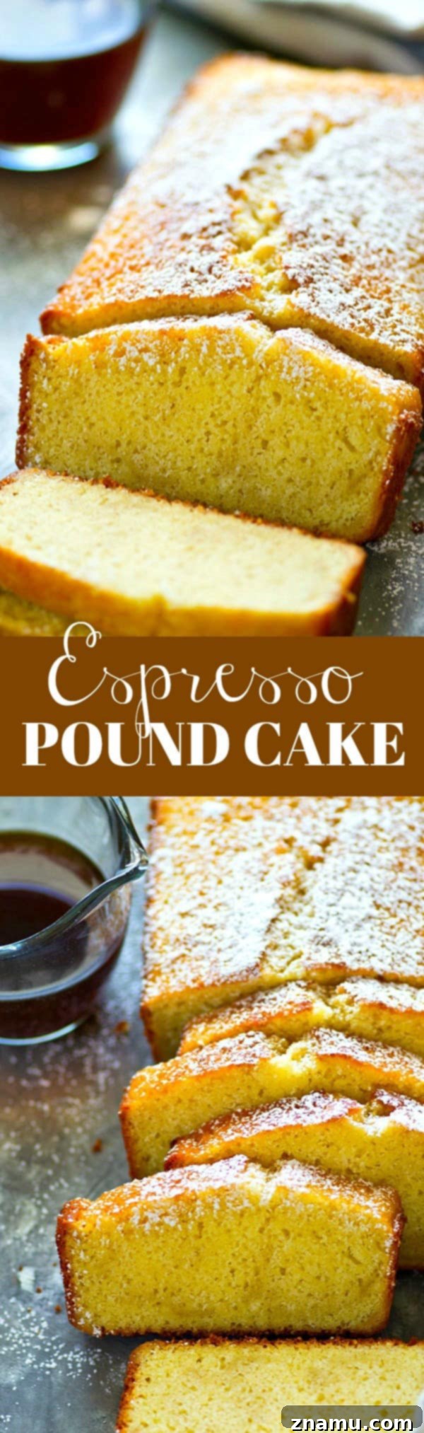 Velvet Espresso Pound Cake 6 Full Espresso Pound Cake loaf, beautifully golden brown, inviting you to slice and enjoy a perfect coffee-flavored treat