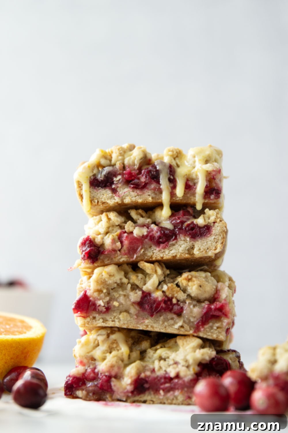 Cranberry Streusel Squares 6 Close-up of a single Cranberry Crumb Bar, showcasing the delicate glaze drizzle and the layered texture, perfect for a festive treat.