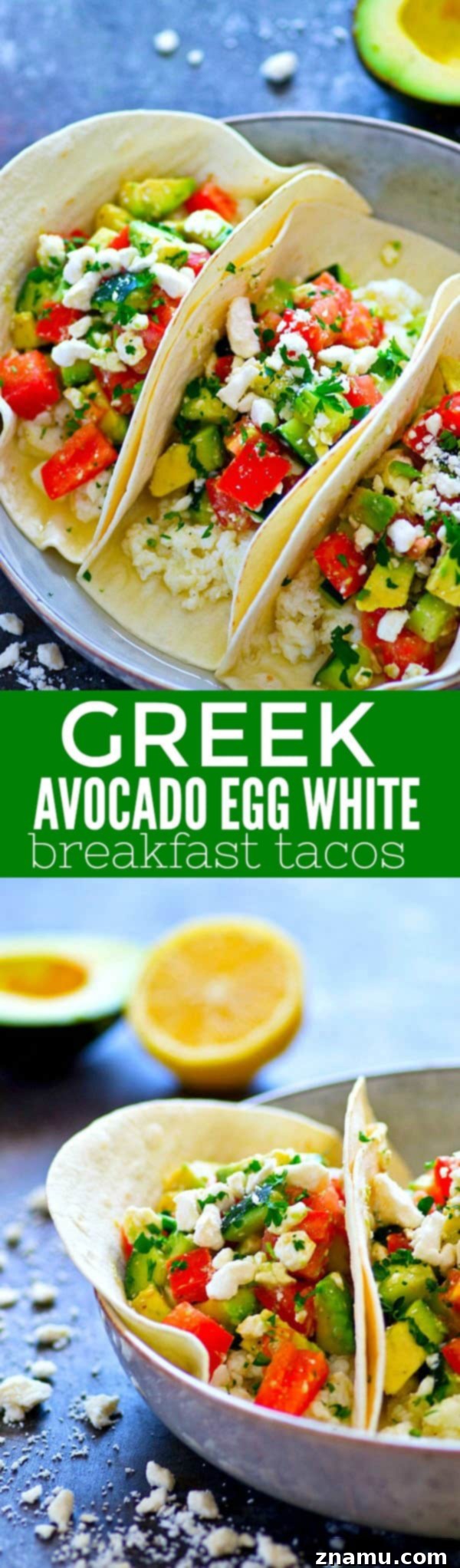 Mediterranean Morning Egg White Avocado Tacos 6 A vibrant collection of ingredients and prepared Greek Avocado Egg White Breakfast Tacos, emphasizing fresh, healthy eating.