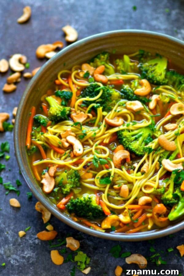 Flavor-packed Broccoli Cashew Curry Noodle Broth Bowls, perfect for spring.