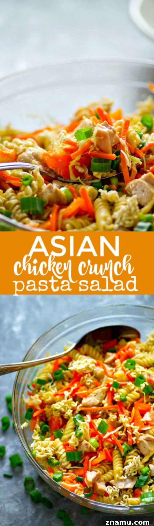 Overhead shot of Asian Chicken Crunch Pasta Salad, showing all ingredients and textures