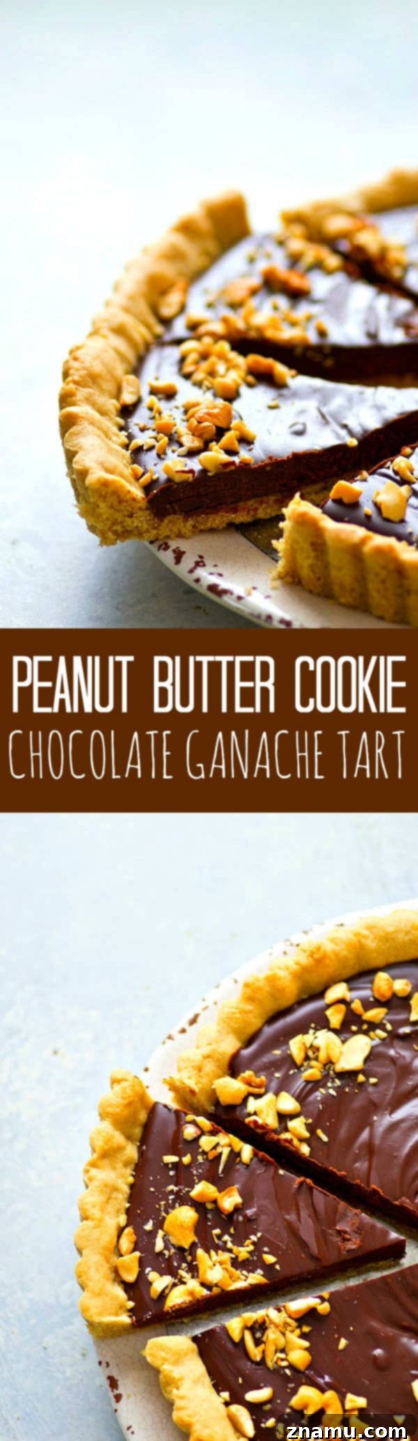 Indulgent Peanut Butter Chocolate Tart 6 Overhead shot of the entire peanut butter cookie chocolate ganache tart with decorative peanuts.