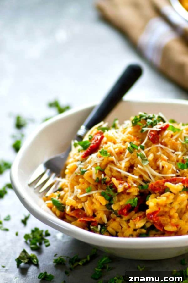 Sun-Dried Tomato, Basil & Cream Cheese Risotto 2 Creamy Sun-Dried Tomato and Basil Risotto, garnished with fresh basil leaves and parmesan cheese, served in a white bowl, capturing its rich texture.