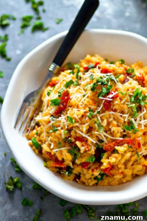 Sun-Dried Tomato, Basil & Cream Cheese Risotto 4 Detailed shot of a spoonful of Cream Cheese Basil Risotto, highlighting the individual grains of Arborio rice and tender bits of basil.