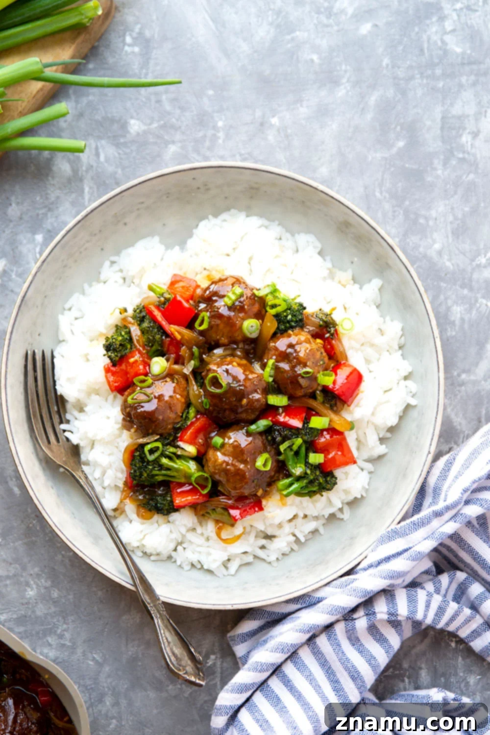 Mongolian Glazed Beef Bites 4 Fresh ingredients laid out for Mongolian Beef Meatballs recipe preparation.