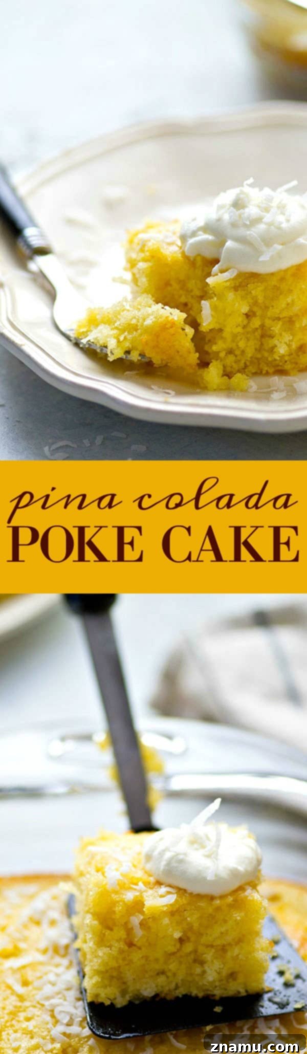 Pina Colada Escape Poke Cake 6 A generous slice of Pina Colada Poke Cake topped with whipped cream and cherry
