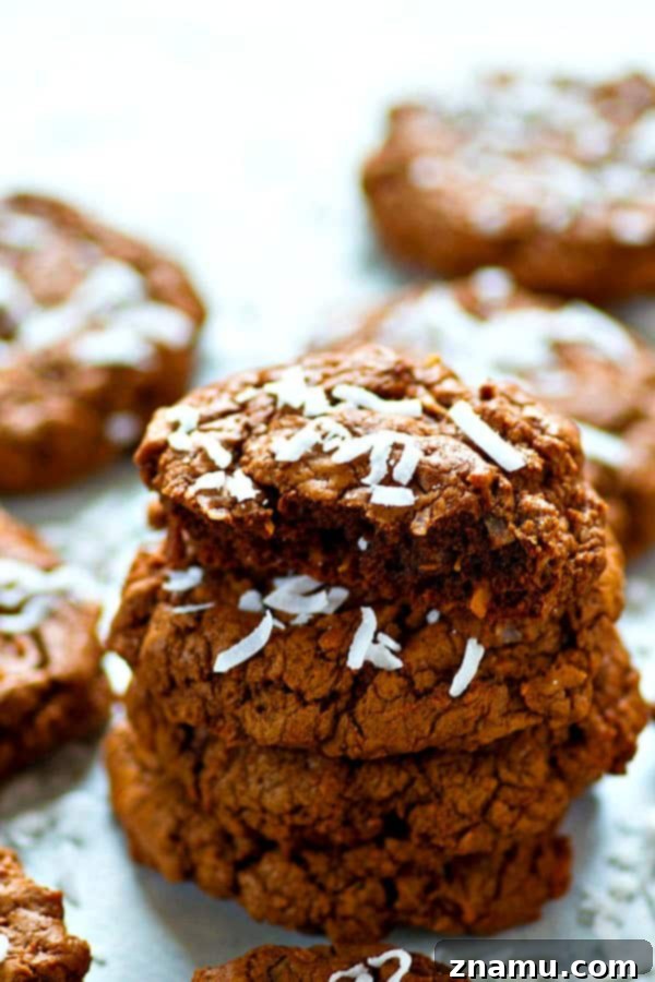 Fudgy Coconut Chocolate Cookies 2 Rich, fudgy coconut chocolate cookies arranged on a baking sheet, showcasing their decadent texture.