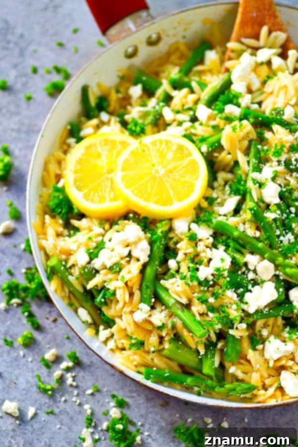 Nutty Lemon Feta Asparagus Orzo Skillet 2 Delicious Browned Butter Lemon Asparagus Feta Orzo Skillet with fresh herbs, perfect for a quick and healthy spring dinner