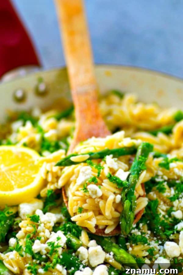 Nutty Lemon Feta Asparagus Orzo Skillet 4 A large skillet filled with the completed Asparagus Feta Orzo Skillet, showing the browned butter lemon sauce coating all ingredients