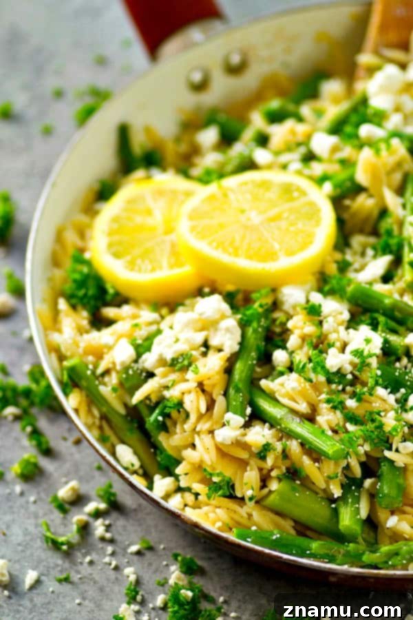 Nutty Lemon Feta Asparagus Orzo Skillet 5 A serving of the Asparagus Feta Orzo Skillet on a plate, garnished with fresh parsley and a lemon wedge, ready to be enjoyed
