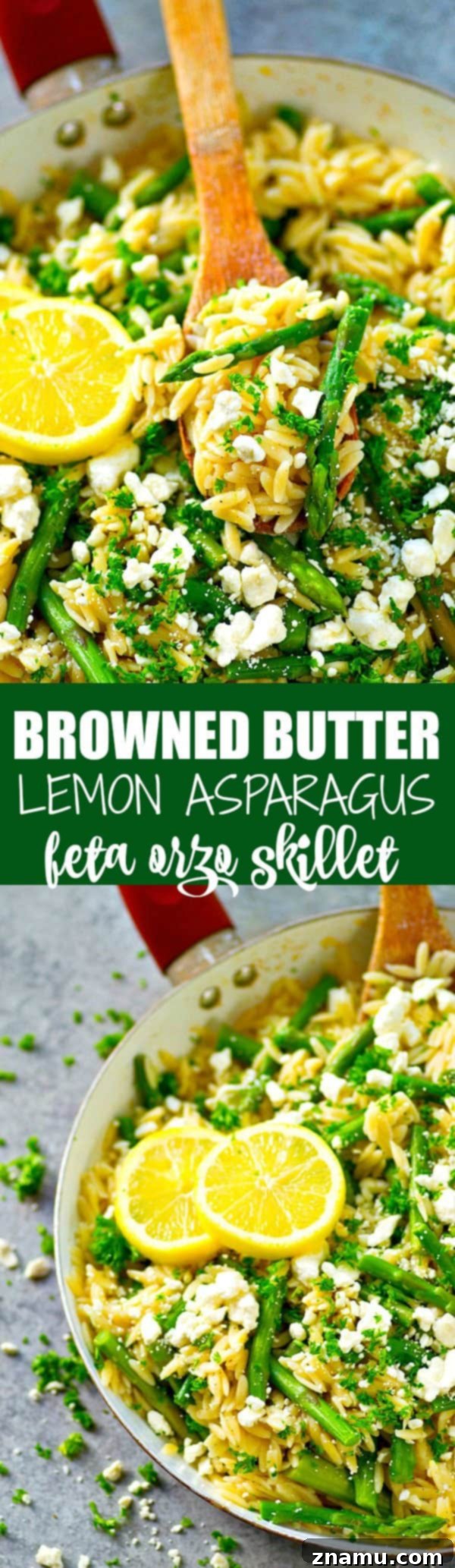 Nutty Lemon Feta Asparagus Orzo Skillet 6 Overhead view of a large platter of the Asparagus Feta Orzo Skillet, garnished with extra feta and herbs, ideal for sharing