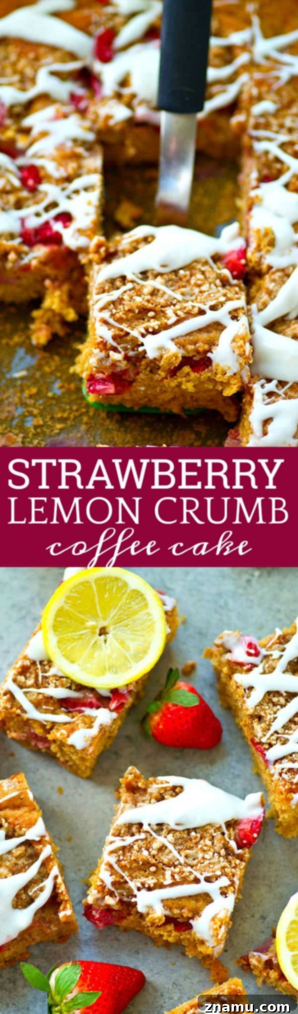 Sunshine Berry Crumb Coffee Cake 6 A close-up side view of a sliced piece of Strawberry Lemon Crumb Coffee Cake, showcasing the fluffy cake, vibrant strawberry pockets, golden crumb topping, and smooth lemon glaze, ready to be savored.