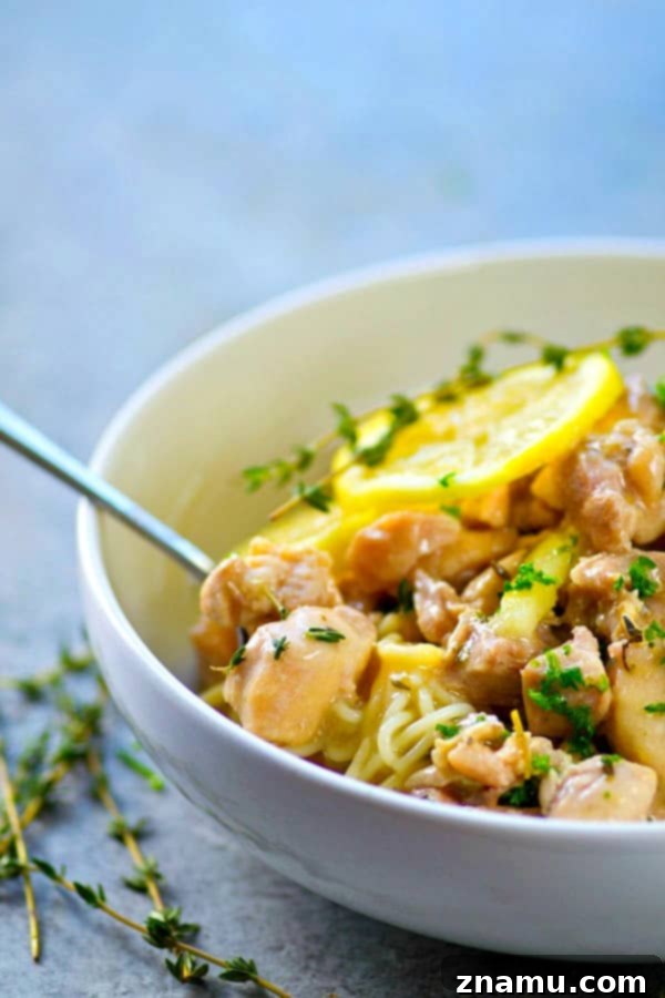 Instant Pot Zesty Lemon Herb Butter Chicken 3 Incredibly flavorful, fall-apart tender lemon herb butter chicken is made in MINUTES in the instant pot and so good piled over hot noodles or rice!