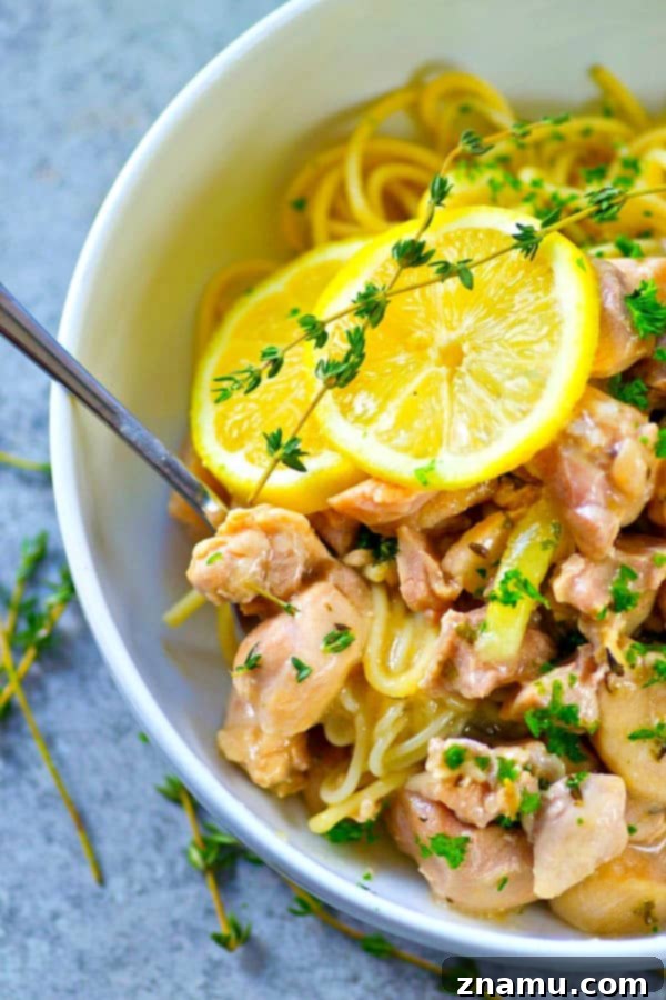 Instant Pot Zesty Lemon Herb Butter Chicken 5 Incredibly flavorful, fall-apart tender lemon herb butter chicken is made in MINUTES in the instant pot and so good piled over hot noodles or rice!