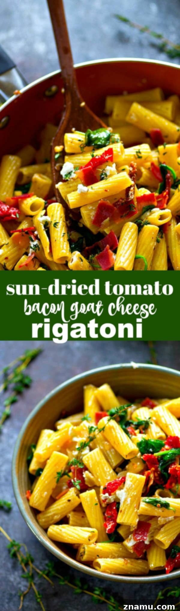 Goat Cheese Rigatoni with Smoky Bacon and Sun-Kissed Tomatoes 6 Smoky bacon, tangy sun-dried tomatoes, and soft goat cheese are an INCREDIBLE trio of flavors in this fresh, flavorful sun-dried tomato bacon goat cheese rigatoni!