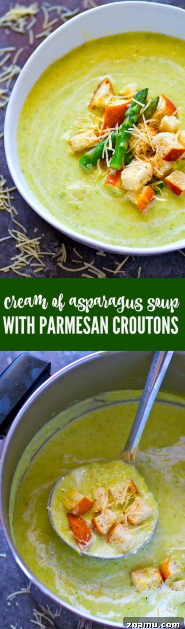 A table setting with a bowl of Cream of Asparagus Soup and bread