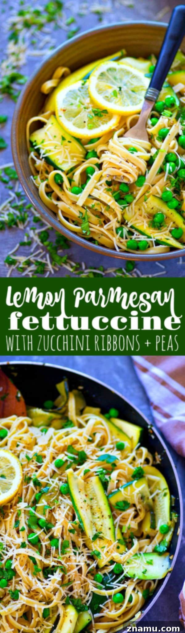 Bright Lemon Parmesan Fettuccine with Zucchini Ribbons and Spring Peas 6 A generous serving of Lemon Parmesan Fettuccine, perfectly balanced and ready to enjoy.